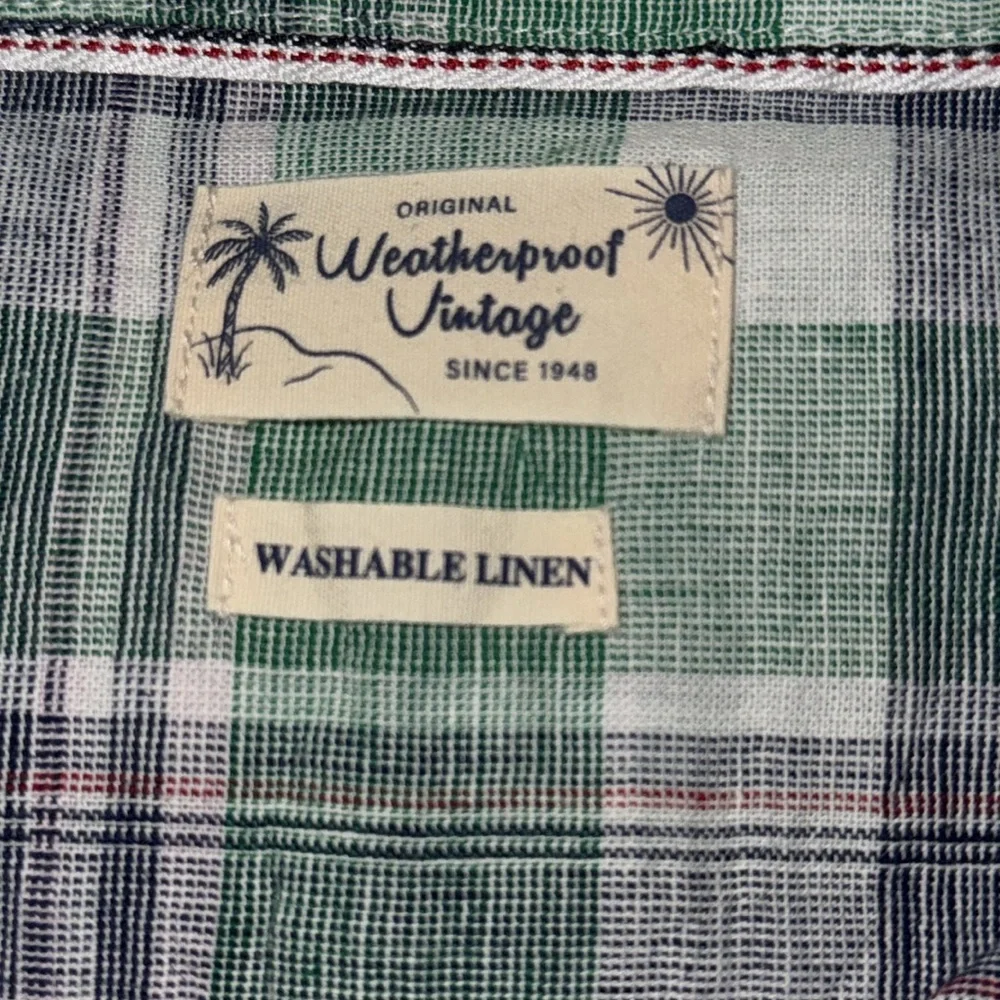 Weatherproof Vintage Men’s Large Linen Green & White Plaid Short Sleeve Shirt - Picture 3 of 10